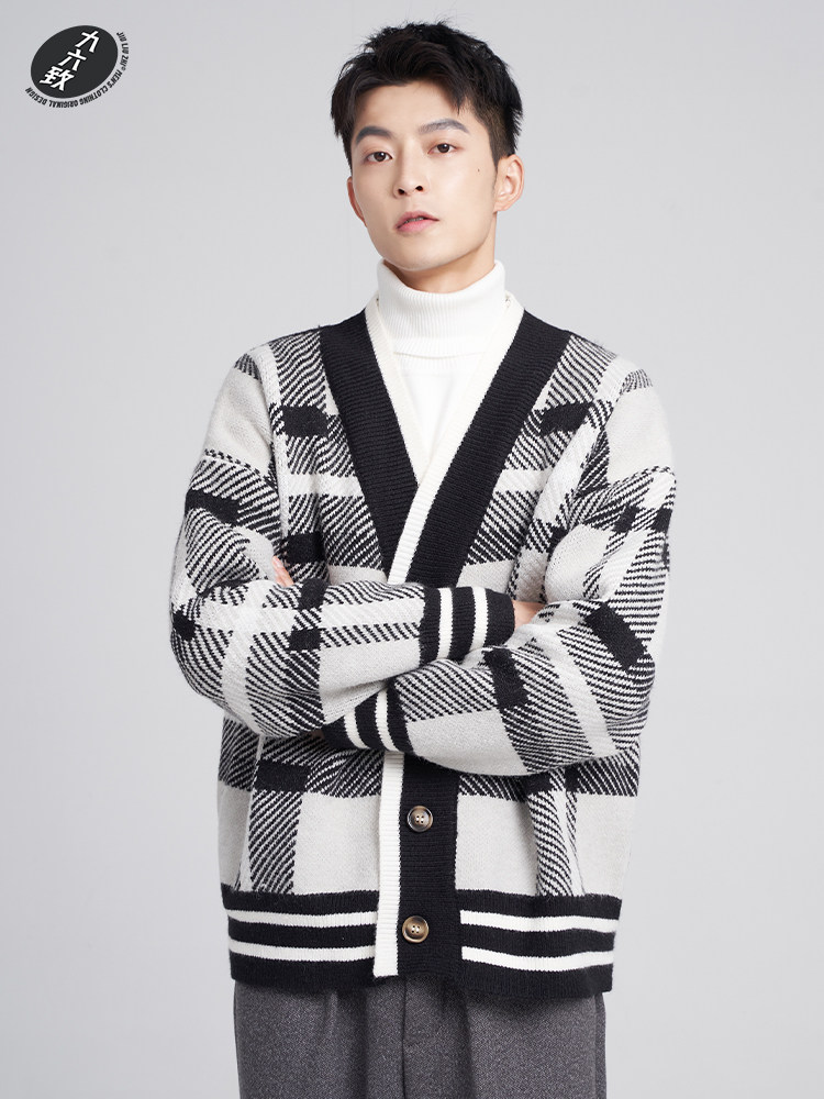 JIULIUZHI 원래 가을 느슨한 두꺼운 복고풍 격자 무늬 남성 스웨터 카디건 유행 캐주얼 긴팔 스웨터