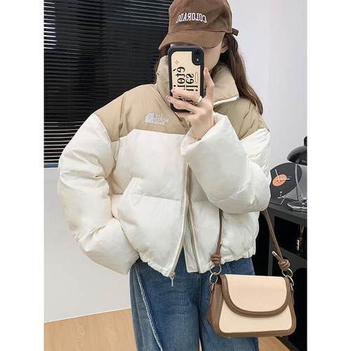 冬季新款时尚立领撞色小短款羽绒服女小个子加厚面包服高级街棉衣