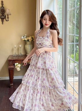 紫色甜美2024年新款显瘦气质吊带千层蛋糕裙碎花连衣裙女装长裙子
