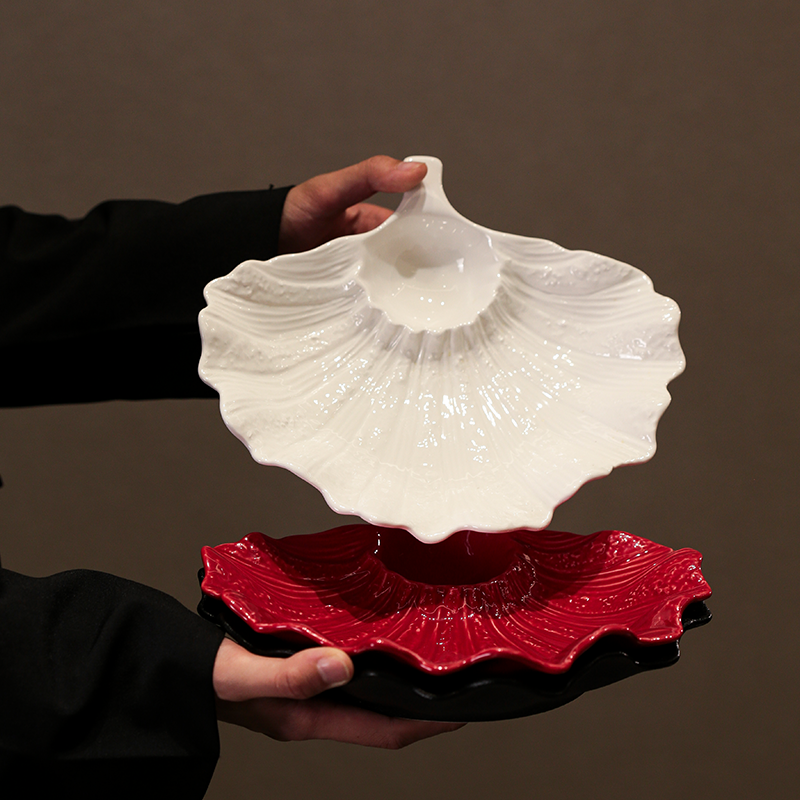 JM 枫叶饺子盘 陶瓷盘子带醋碟蘸料碟家用虾盘分格寿司水饺专用盘