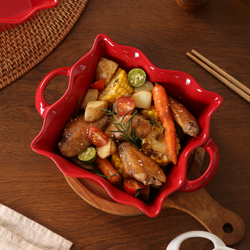 JM 正方双耳烤盘 复古红波浪边陶瓷烤盘深盘可微波炉烤箱烘焙焗饭