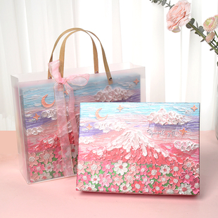 紫韵油画围巾礼盒轻奢粉红色送女孩子高级感装衣服精美生日礼物盒