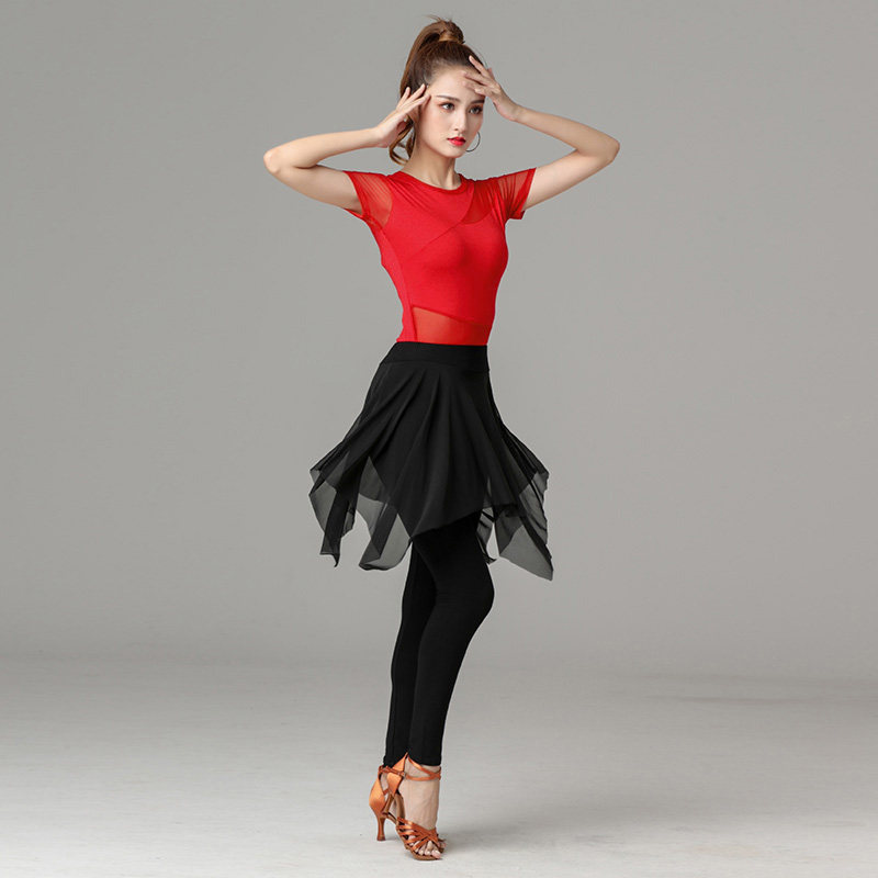 拉丁舞服装套装跳舞衣服形体训练练功服短袖网纱拼接女摩登舞裙裤