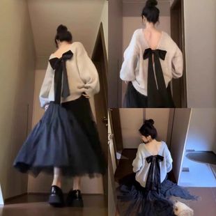 慵懒风露背蝴蝶结圆领毛衣女秋季 宽松显瘦灰色上衣 复古长袖 针织衫
