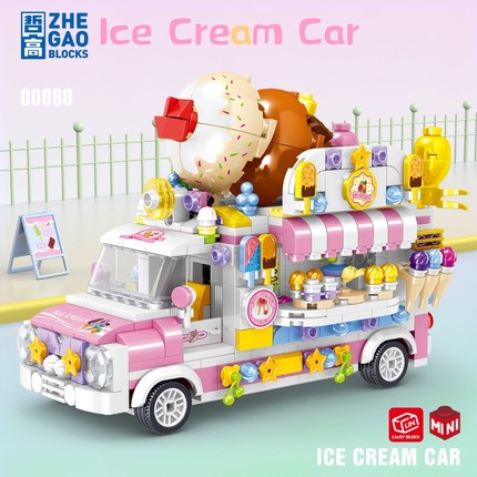 哲高积木缤纷美食街景冰淇淋车组装模型女孩小颗粒拼装玩具00888