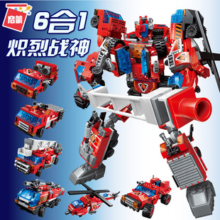 启蒙炽烈战神6合1变形机器人金刚组装模型男孩小颗粒拼装积木1416