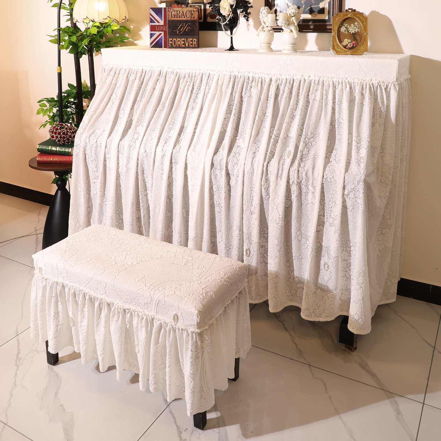 钢琴罩全罩法式轻奢高级感白色蕾丝防尘罩盖布现代简约钢琴登套罩