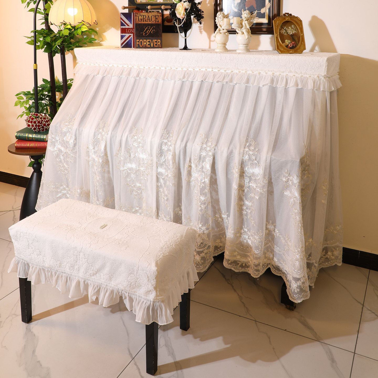 白色蕾丝钢琴罩全罩法式轻奢高级感防尘罩盖布现代简约钢琴登套罩