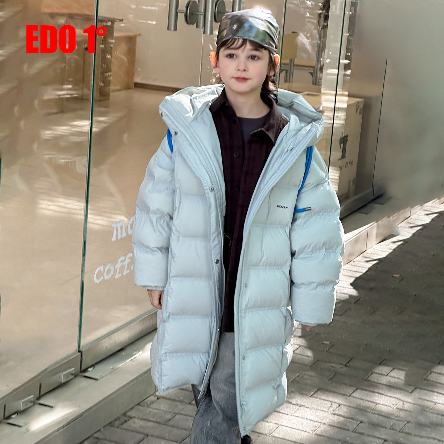 edo1一度童装25冬新款男女童时尚连帽羽绒服儿童保暖长款外套潮