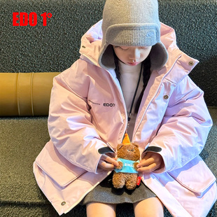 edo1一度童装25冬季新款工装风保暖羽绒服儿童连帽宽松休闲外套