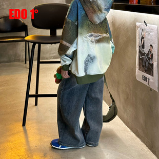 edo1一度童装25冬新款男女童休闲宽松长裤潮流酷帅儿童个性牛仔裤