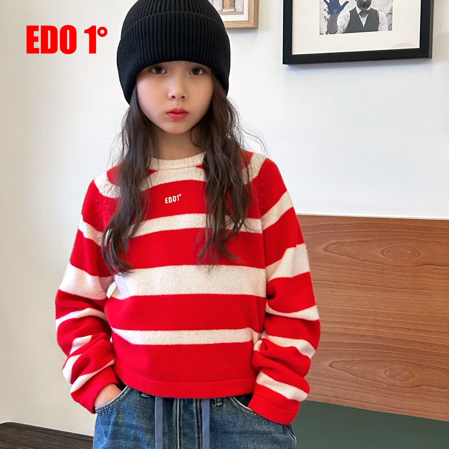 edo童装时尚休闲短款条纹毛衣