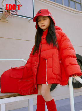 edo1一度冬季新款男女童经典连帽羽绒服外套儿童保暖喜庆大衣潮