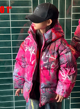 edo1一度童装25冬新款男女童潮酷涂鸦羽绒服儿童个性学院风外套