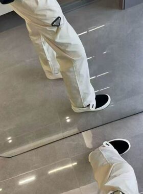 春夏新款男士铁三角白色工装裤网红百搭韩版直筒裤社会小伙长裤子