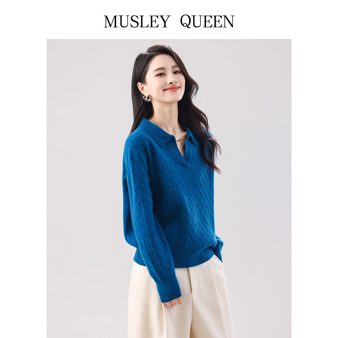 100%羊毛女V字POLO领麻花毛衣