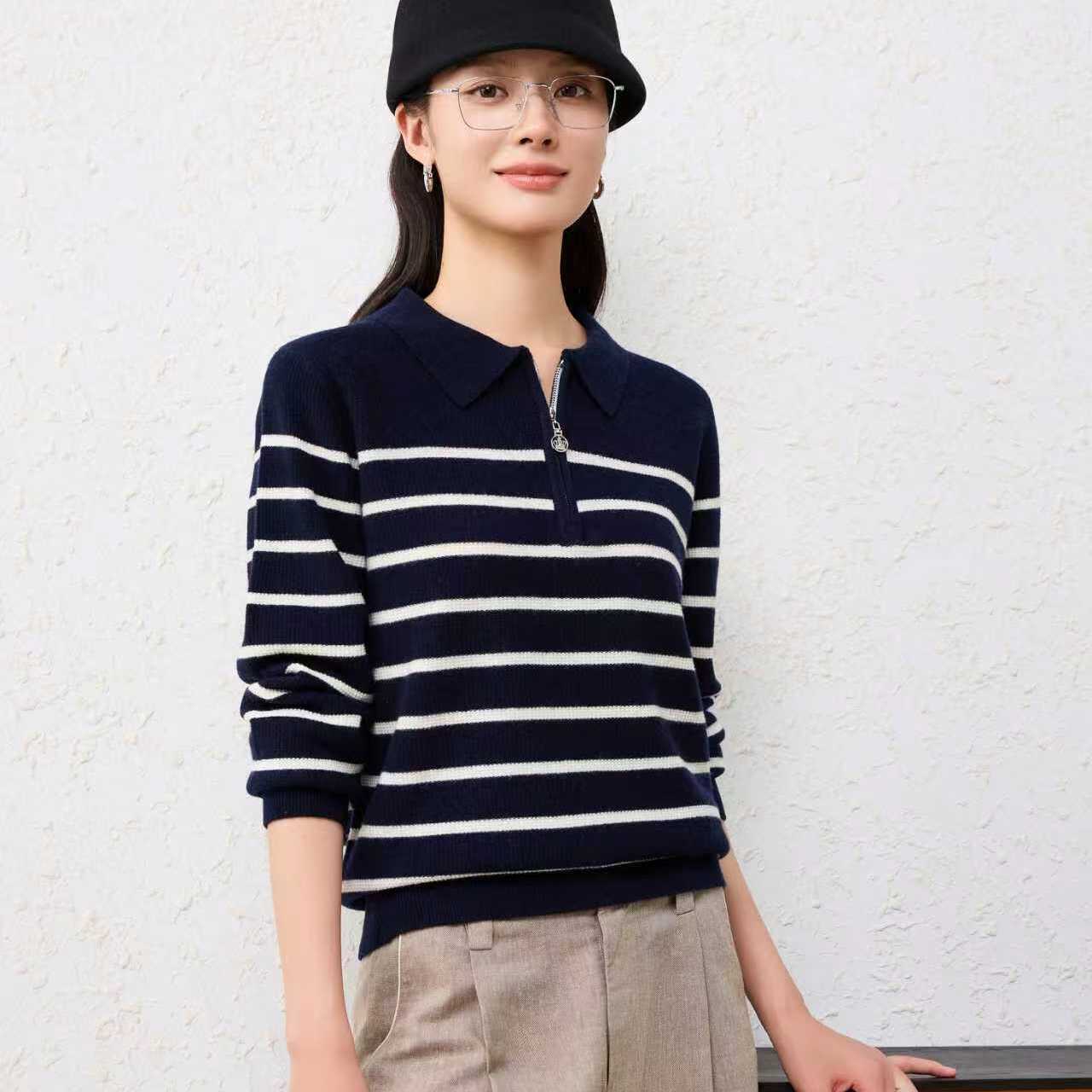 【李夫人】MusleyQueen针珠提夹色拉链领100羊毛衬衣JC67-65516