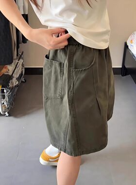 军绿色美式四分短裤男款夏季直筒水洗纯棉工装裤子休闲运动五分裤