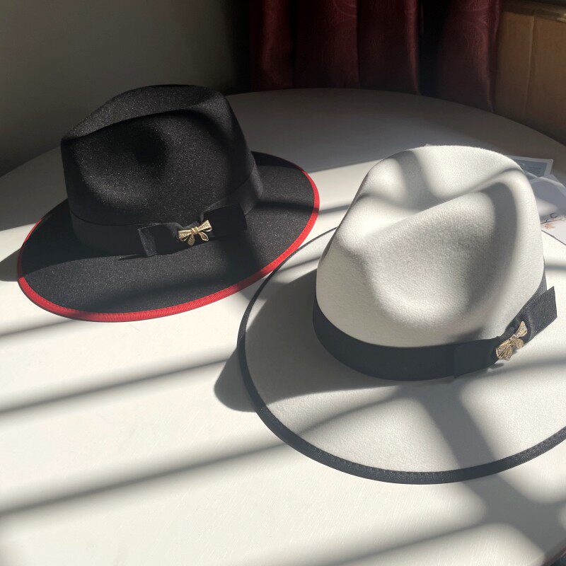 白色英伦宽檐秋冬天礼帽女新品韩版休闲百搭爵士帽蝴蝶结毛呢毡帽