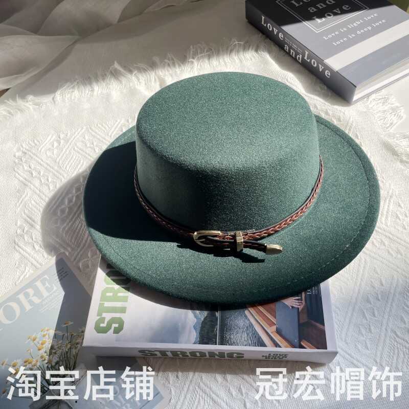 毛呢帽子旅行遮阳男秋冬户外露营百搭砖红女皮带平顶爵士帽宽檐