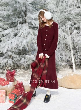 三彩2025冬季新款红色针织套装毛衫上衣半身裙两件套优雅M