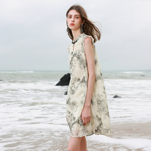 三彩ibudu2025夏季新款新中式轻国风连衣裙印花短款小A裙女