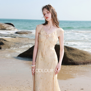 碎花裙荷叶边V领A字雪纺裙连衣裙长裙M 法式 三彩2026春季 新款