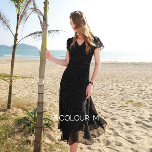 波点小黑裙V领A字雪纺裙连衣裙荷叶袖 法式 长裙M 新款 三彩2026春季