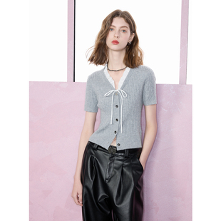 ibudu2025春季新款修身短款针织衫绞花肌理V领开衫外套女