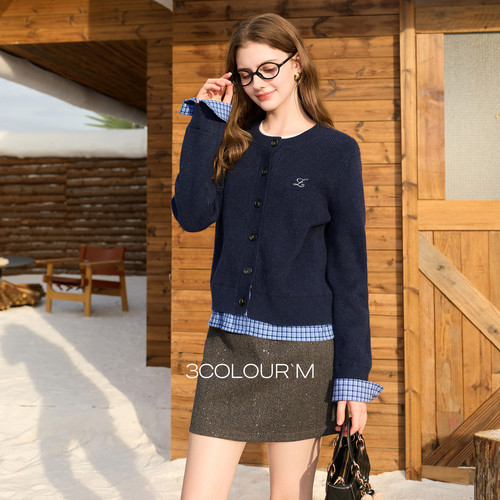 三彩2026春季新款圆领毛衣格纹假两件长袖开衫毛衫外套显瘦M