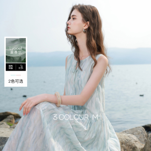 新款 三彩2026夏季 莱赛尔圆领系带宽松A字长裙M 樱花系列连衣裙