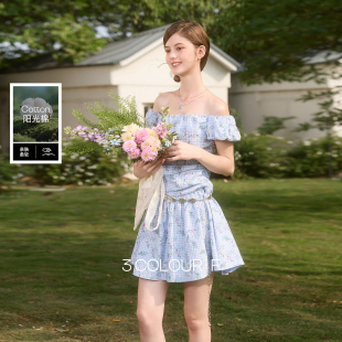 三彩独醒2026春季 一字领格纹碎花裙连衣裙小A字裙蓬蓬短裙F 新款