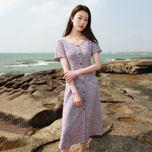 圆领针织连衣裙油画裙波浪边胖MM 2025夏秋新款 三彩若潮大码 女装