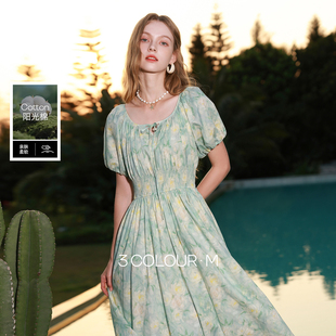 U领高腰印花连衣裙泡泡袖 新款 三彩2026夏季 A字长裙M女 100棉
