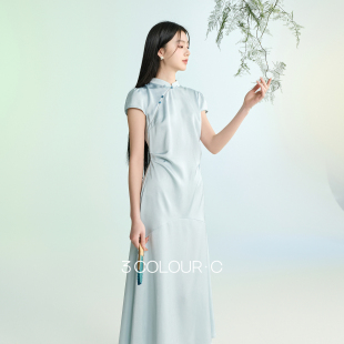 新中式 三彩 新款 2026春季 连衣裙拼接鱼尾长裙C 雨过揉蓝