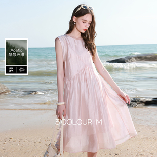 醋酸 A字娃娃裙连衣裙宽松中长裙无袖 三彩2026春季 法式 新款