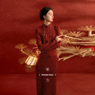 众里嫣然 连衣裙提花修身 2025冬季 新中式 旗袍裙C 新款 三彩