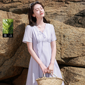 莱赛尔 新款 若潮大码 2026夏季 淡紫V领连衣裙收腰胖MM 女装