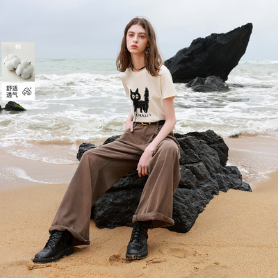 三彩ibudu2025夏季新款绣花印花小猫T恤正肩短袖圆领套头衫女