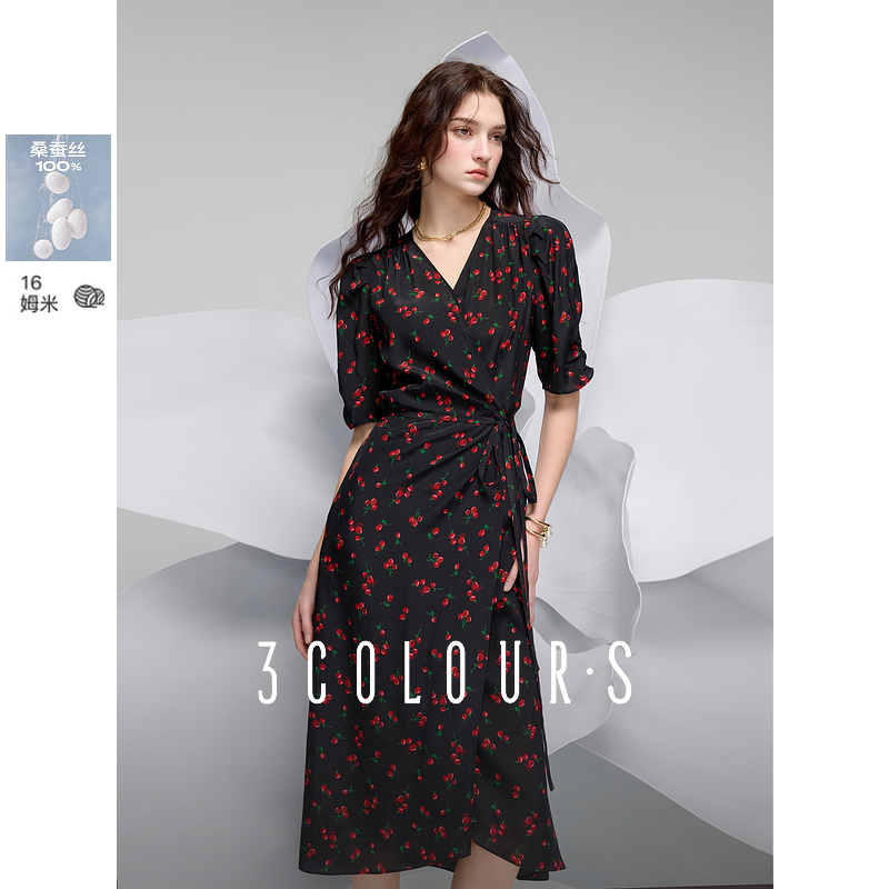 三彩2025春季新款真丝连衣裙法式茶歇裙桑蚕丝碎花长裙S