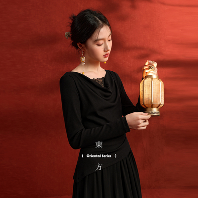 三彩【夜色未央】2026春季新款中式荡领假两件连衣裙A字裙长裙C