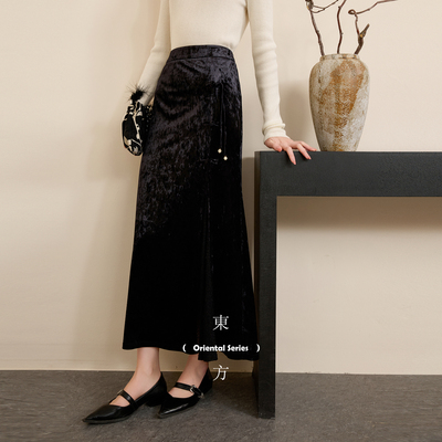 三彩【月影霜华】2026春季新款冰花丝绒半身裙A字裙高腰长裙C