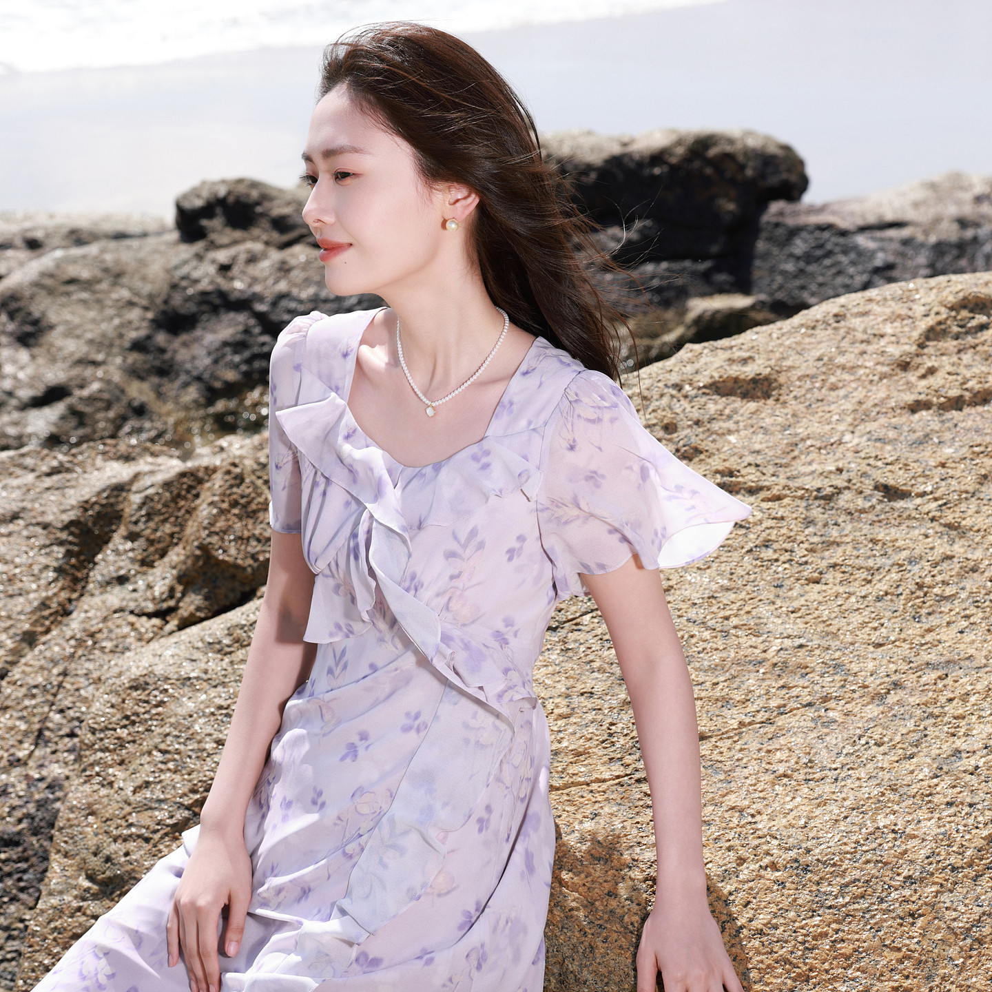 若潮大码女装2026夏季新款连衣裙淡紫雪纺碎花仙女裙胖MM