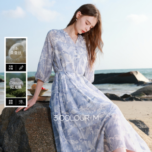 桑蚕丝 V领七分袖 三彩2026春季 法式 A字裙印花连衣裙宽松M 新款