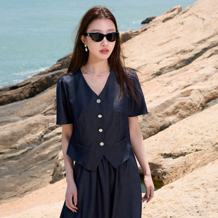 女装 仿牛仔短袖 2025夏秋新款 半身裙套装 胖MM V领开衫 三彩若潮大码