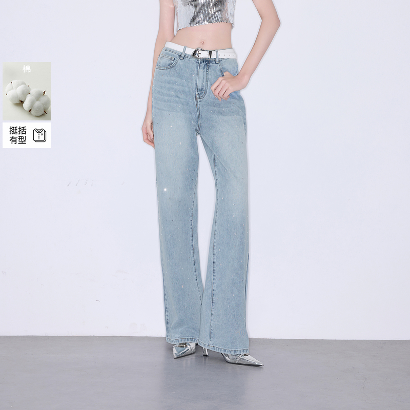 三彩ibudu2025夏季新款收腰牛仔裤显瘦直筒裤长裤烫钻女潮流