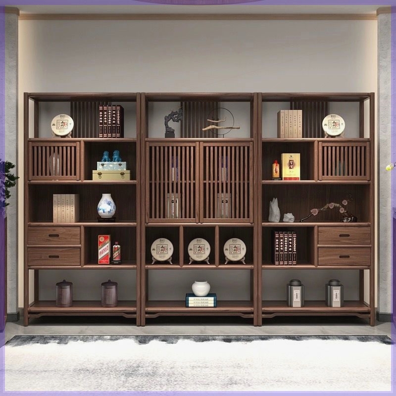 新中式榆木实木博古架书架办公室书柜组合多宝阁茶叶茶室家具