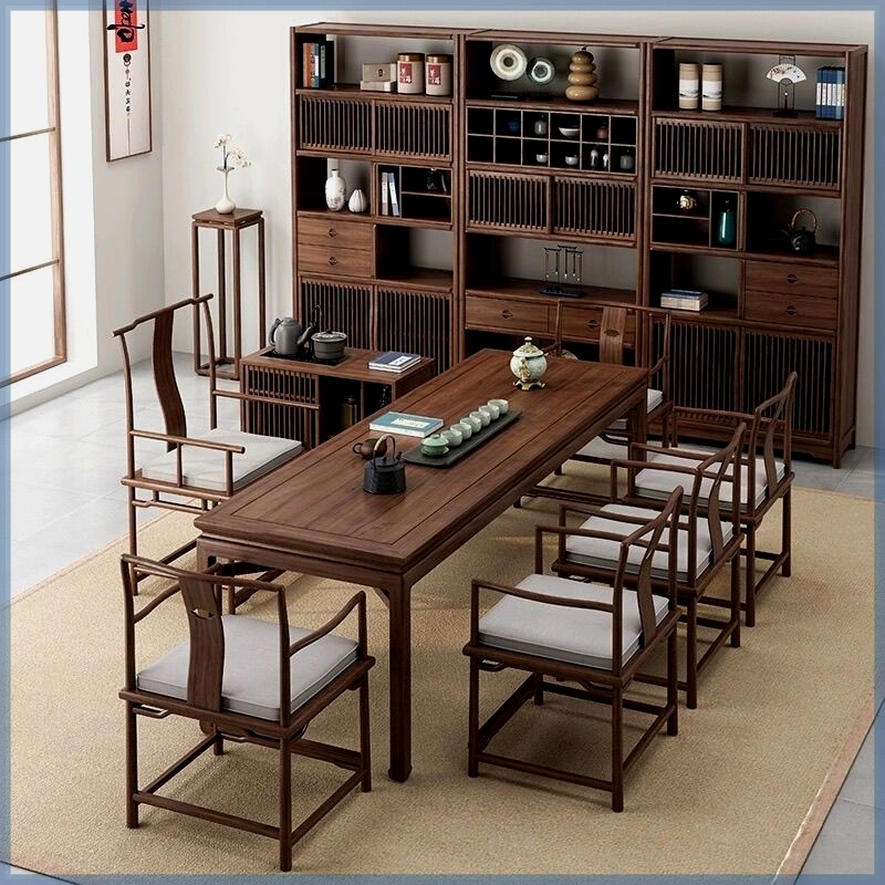 新中式茶桌椅组合老榆木实木禅意办公室家用泡茶茶台现代简约茶几