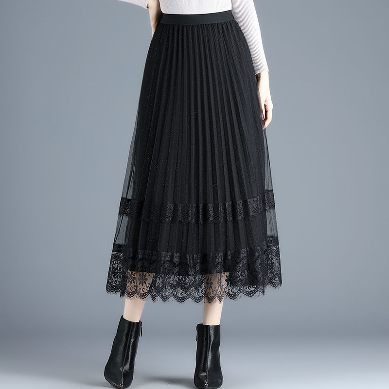 两面穿高腰百褶裙中长款网纱裙春夏新款百搭A字裙秋季蕾丝半身裙