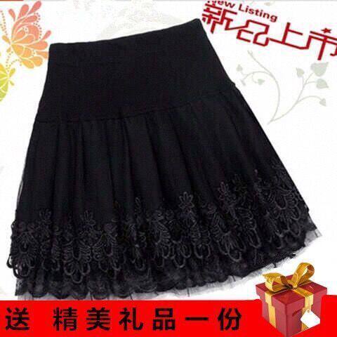 女士精品大码半身裙高腰显瘦蓬蓬蕾丝打底短裙松紧高腰百褶A字裙